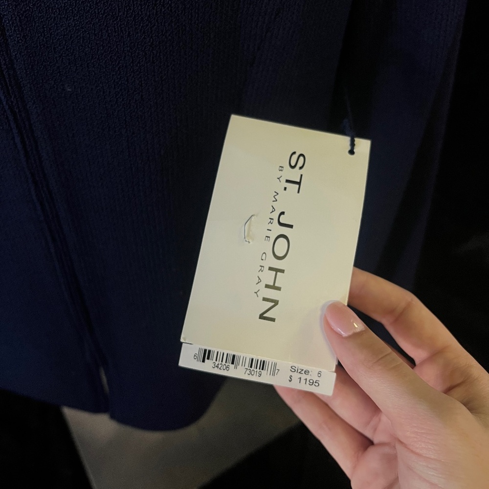 St. John by Marie Gray evening navy studded zip up jacket and golden navy hat.